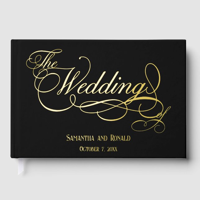 Elegant Black and Gold Calligraphy Wedding Foil Guest Book (Front)