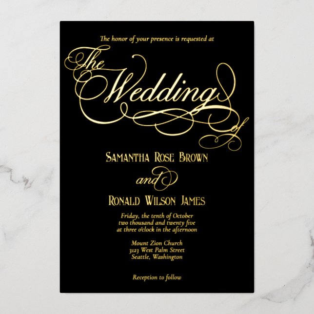 Elegant Black and Gold Calligraphy Wedding  Foil Invitation (Front)