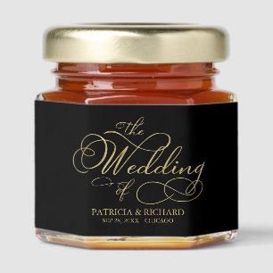 Elegant Black And Gold Calligraphy Wedding Honey Jar Favors