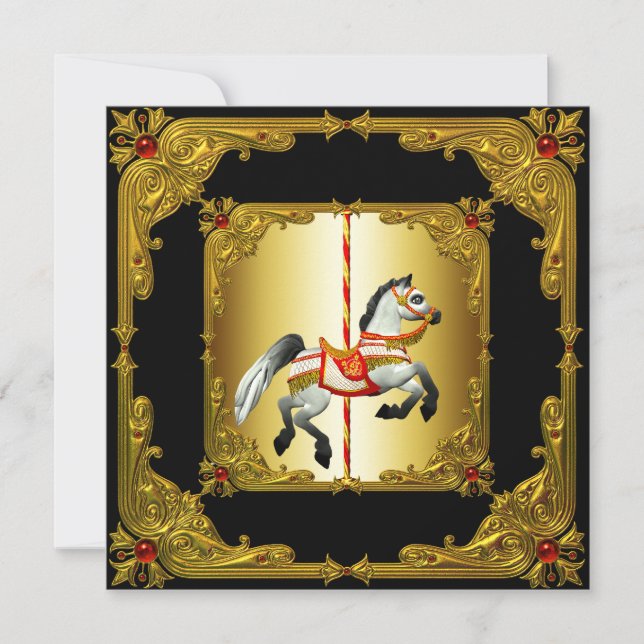 Elegant Black and Gold Carousel Horse Invitation (Front)