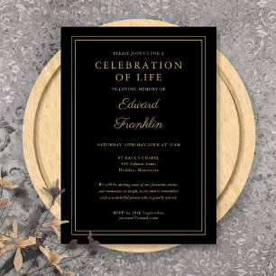 Elegant Black And Gold Celebration Of Life Funeral Invitation
