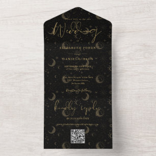 Elegant Black And Gold Celestial QR Code Wedding All In One Invitation