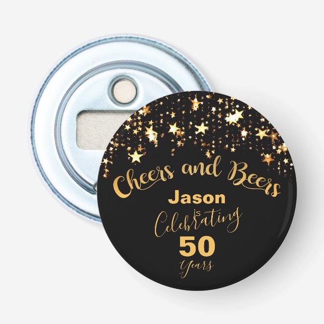 Elegant Black and Gold "Cheers and Beers" Bottle Opener (Front)