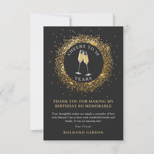 Elegant Black and Gold Cheers Birthday Thank You Card (Front)
