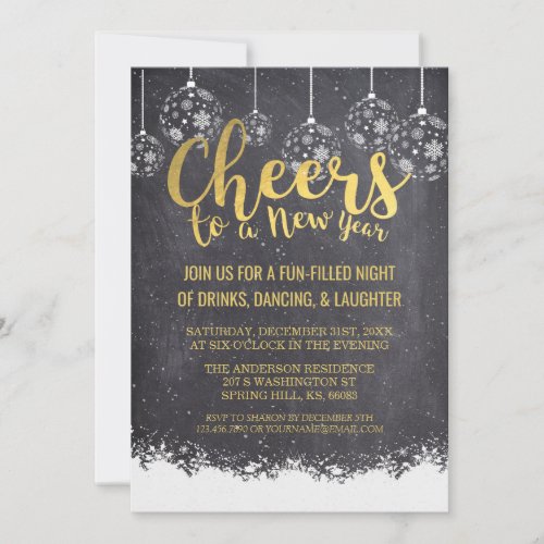 Elegant Black and Gold Cheers New Years Eve Party Invitation