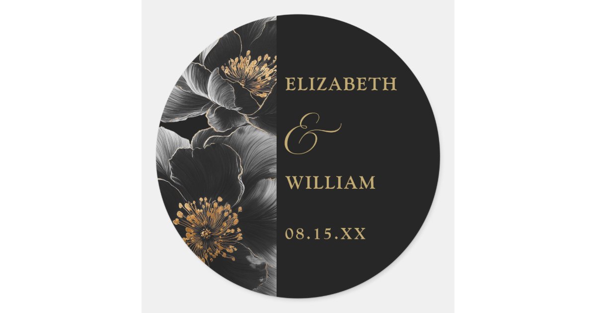 Elegant Black And Gold Chic Floral Wedding Favor Classic Round Sticker ...