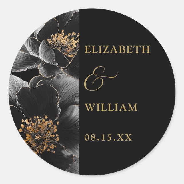 Elegant Black And Gold Chic Floral Wedding Favor Classic Round Sticker (Front)