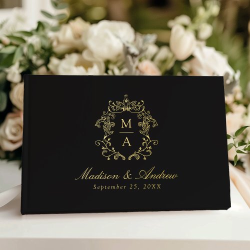 Elegant Black and Gold Chinoiserie Crest Wedding Foil Guest Book