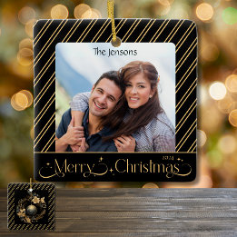 Elegant Black and Gold Christmas Photo Ceramic Ornament