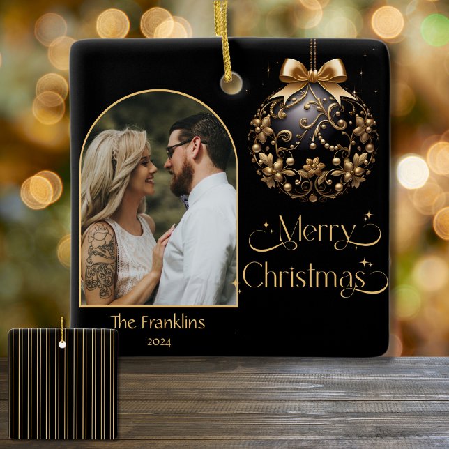 Elegant Black and Gold Christmas Photo  Ceramic Ornament (Creator Uploaded)