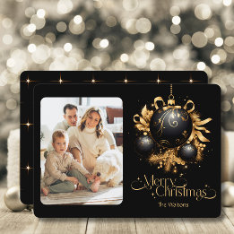 Elegant Black and Gold Christmas Photo Holiday Card