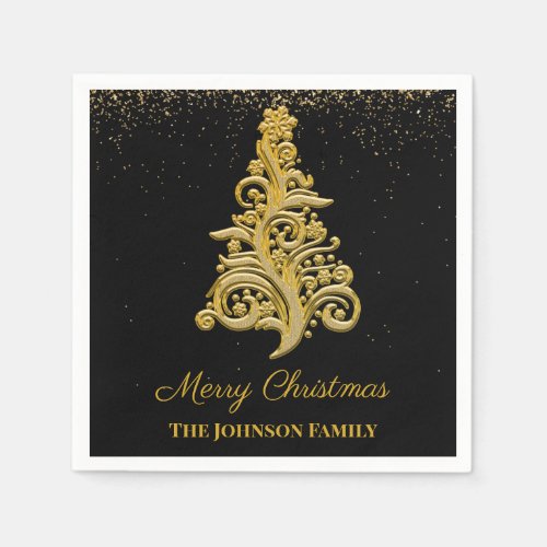 Elegant Black and Gold Christmas Tree Napkins