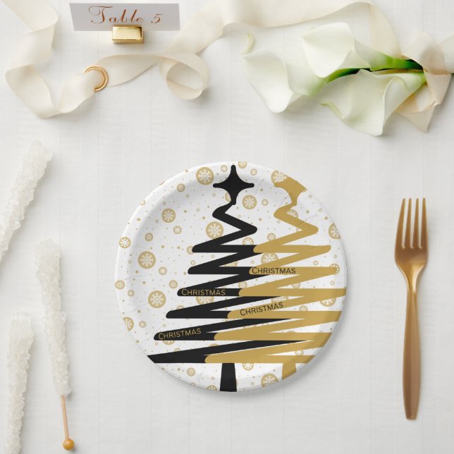 elegant black and gold christmas trees paper plates (Wedding)