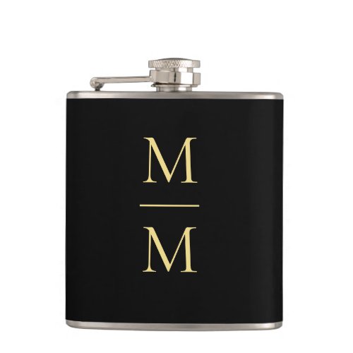 Elegant Black and Gold Classic Monogram Initials Flask