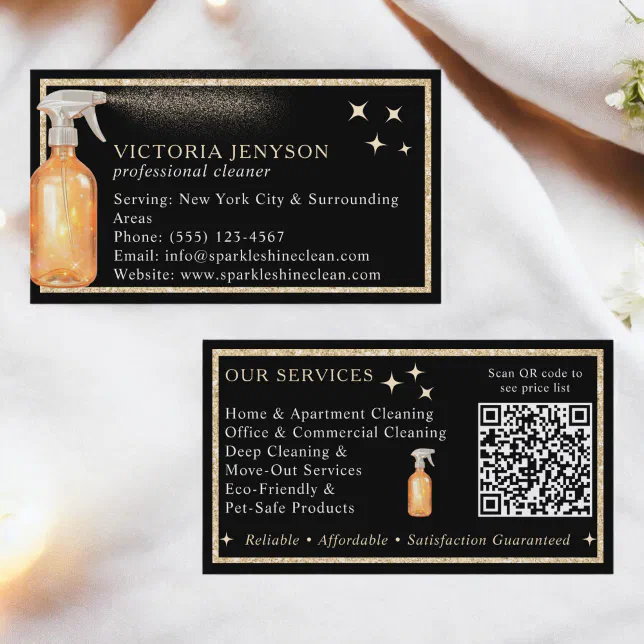Elegant Black and Gold Cleaning Service Qr Code Business Card | Zazzle