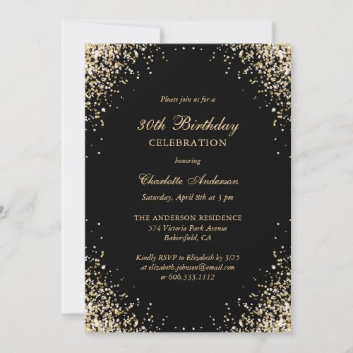 Elegant Black and Gold Confetti 30th Birthday Invitation