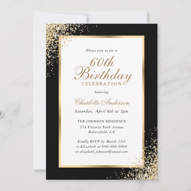 Elegant Black and Gold Confetti 60th Birthday Invitation (Front)
