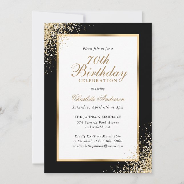Elegant Black and Gold Confetti 70th Birthday Invitation (Front)