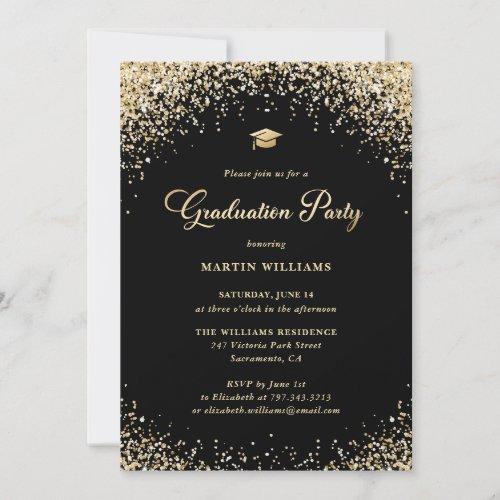 Elegant Black and Gold Confetti Graduation Party Invitation