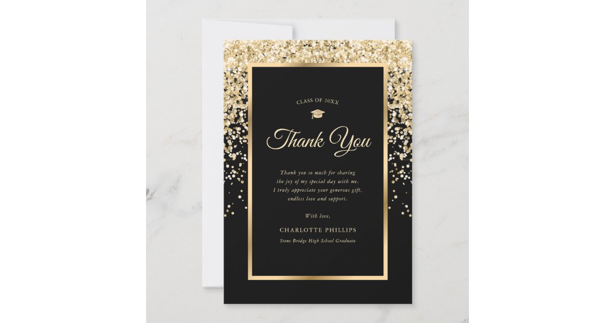Elegant Black and Gold Confetti Graduation Thank You Card | Zazzle