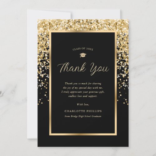 Elegant Black and Gold Confetti Graduation Thank You Card
