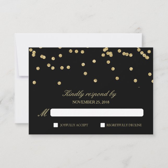 Elegant Black and Gold Confetti Polka-Dots RSVP (Front)