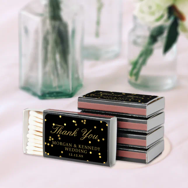 Elegant Black And Gold Confetti Wedding Favor Matchboxes | Zazzle