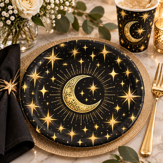 Elegant Black and Gold Crescent Moon Stars | Paper Plates