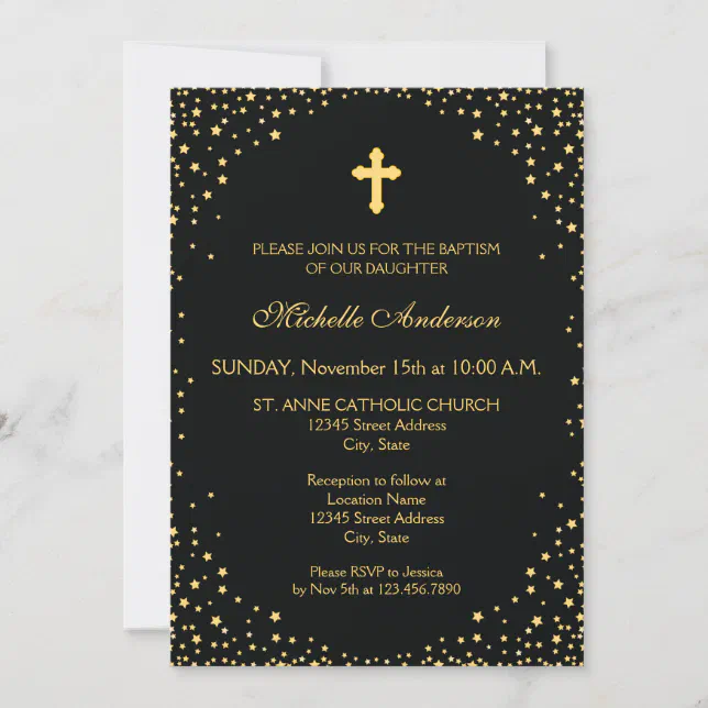 Elegant Black and Gold Cross Christening Baptism Invitation | Zazzle