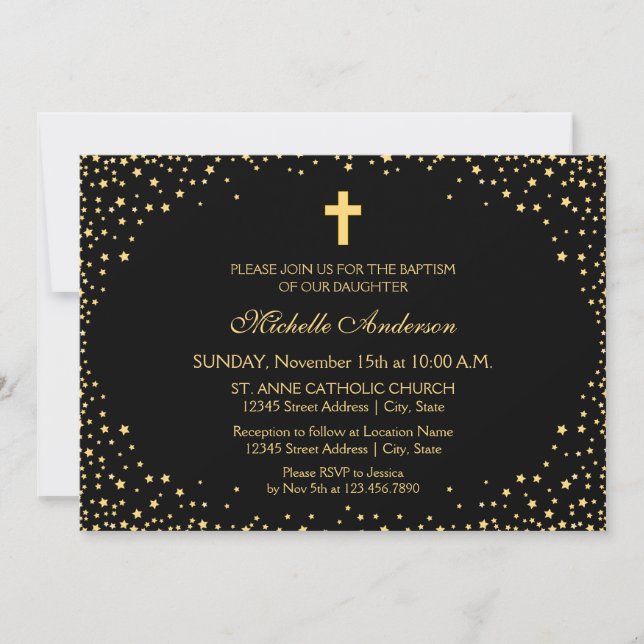 Elegant Black and Gold Cross Christening Baptism Invitation (Front)