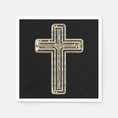 Elegant Black and Gold Cross Religious Event Napkins