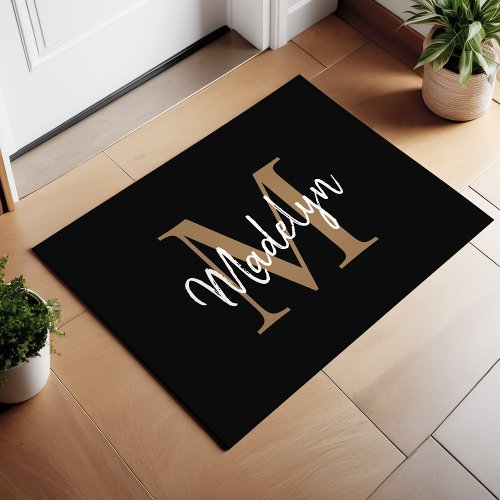 Elegant Black and Gold Custom Monogram Script Doormat