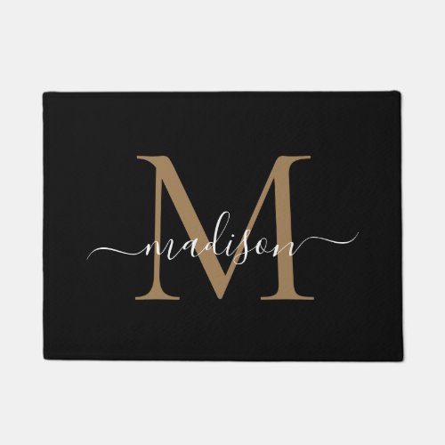 Elegant Black and Gold Custom Monogram Script Name Doormat