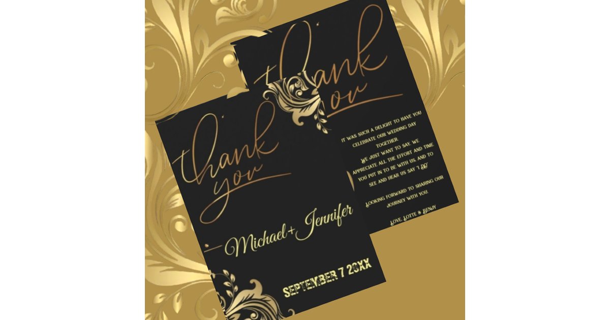 Elegant Black And Gold Custom Wedding Thank You Card | Zazzle
