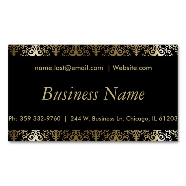 Elegant Black and Gold Damask Business Card Magnet (Front)