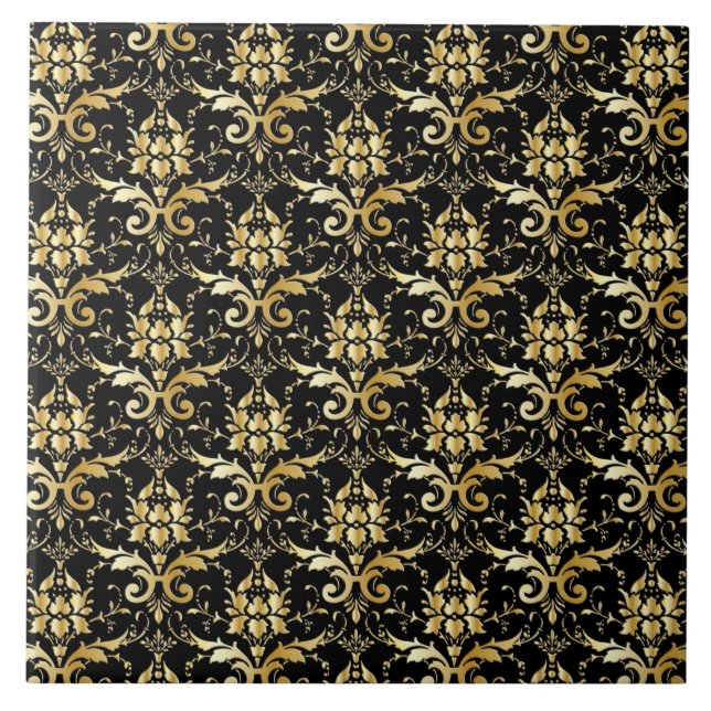 Elegant Black and Gold Damask Ceramic Tile (Front)