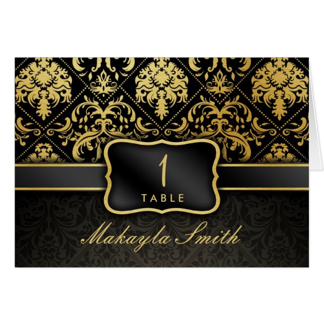 Elegant Black and Gold Damask Escort Cards (Front Horizontal)