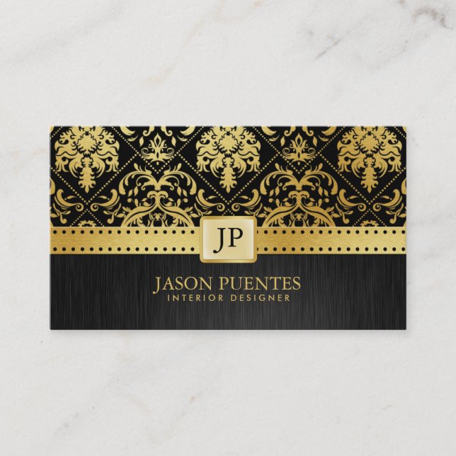 Elegant Black and  Gold  Damask Interior Designer Business Card (Front)