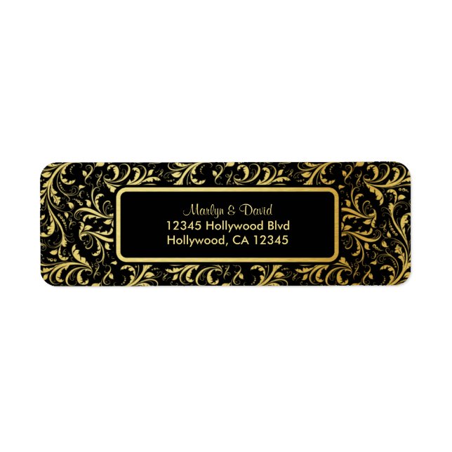 Elegant Black and Gold Damask Label (Front)
