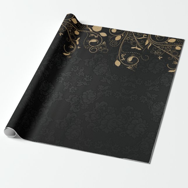 Elegant Black and Gold Damask Pattern Wrapping Paper (Unrolled)