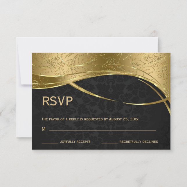 Elegant Black And Gold Damask RSVP Card (Front)