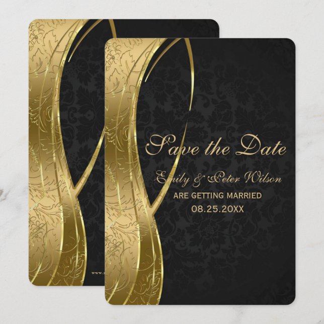Elegant Black And Gold Damask-Save The Date Invitation (Front/Back)