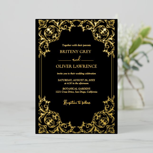 Elegant Black and Gold Damask Wedding Foil Invitation (Standing Front)