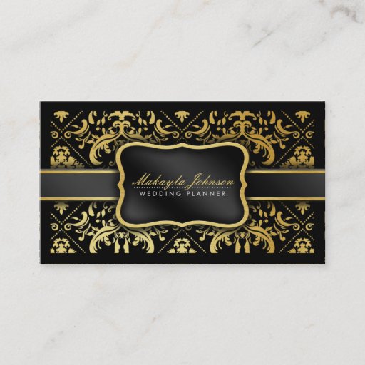 Customizable Elegant Black and gold Damask wedding planner Business Card Templates
