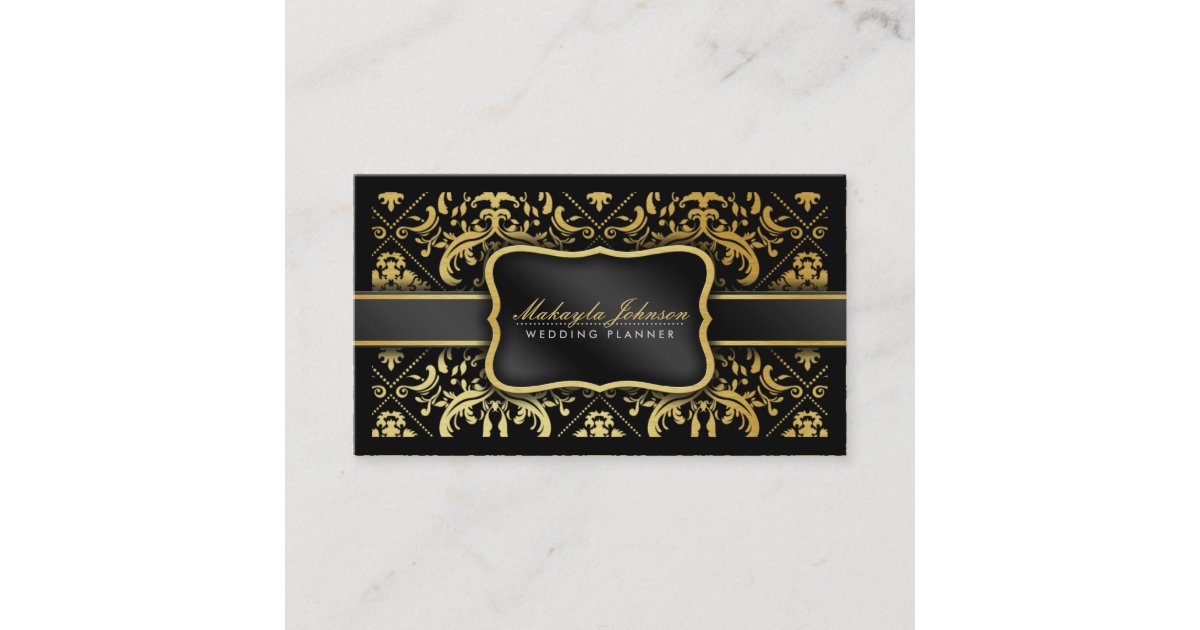 Elegant Black and gold Damask wedding planner Business Card | Zazzle