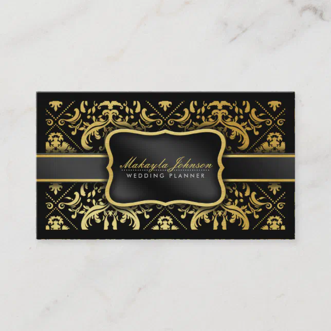 Elegant Black and gold Damask wedding planner Business Card | Zazzle