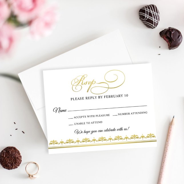 Elegant Black and Gold Damask Wedding RSVP Card (Creator Uploaded)