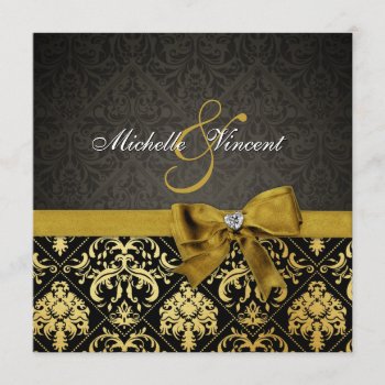 Elegant Black And Gold Damask With Heart Diamond Invitation by weddingsNthings at Zazzle