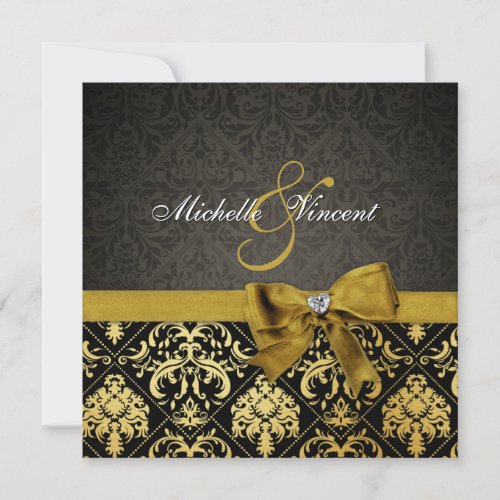 Elegant Black and Gold Damask with heart diamond Personalized Announcements