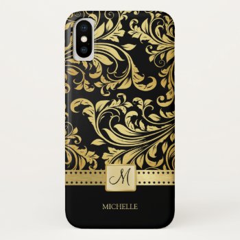 Elegant Black And Gold Damask With Monogram Iphone Xs Case by eatlovepray at Zazzle